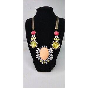 Brass Tone Floral Beaded Statement Necklace Omega Chain 18"L